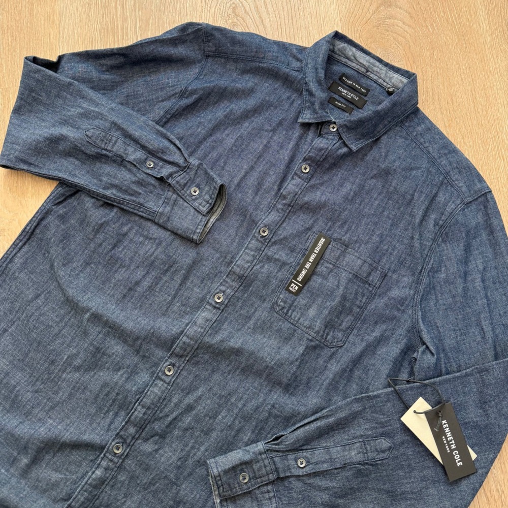 Kenneth Cole Denim Button Down Shirt Mens Large Deep Indigo Slim Fit NWT